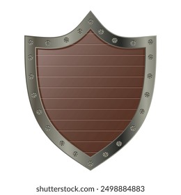 Wooden shield with steel frame. Medieval shield. Cartoon shield. UI award badge. Vector illustration