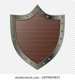 Wooden shield with steel frame. Medieval shield. Cartoon shield. UI award badge. Vector illustration