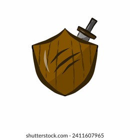 Wooden shield and sword logo template 