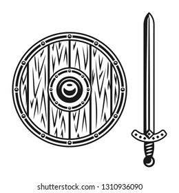 Wooden shield and sword set of weapons vector monochrome design objects or graphic elements isolated on white background