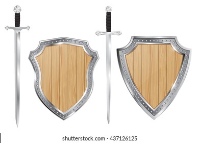Wooden shield with sword. Vector illustration isolated on white background