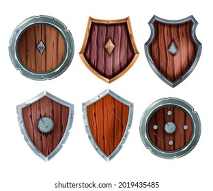 Wooden shield vector illustration set, medieval game knight armor, old cracked fantasy RPG battle item. Viking warfare safety clipart isolated on white, UI award badge collection. Game shield icon