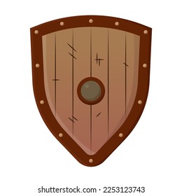 Wooden shield of warrior vector illustration. Cartoon drawing of old weapon on white background. War, weapon concept for game design