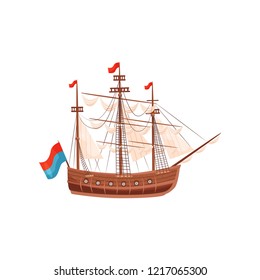 Wooden ship with beige sails and bright flags. Marine vessel. Sea and ocean theme. Flat vector element for banner or poster