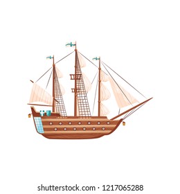 Wooden ship with big beige sails, flag with blue crosses and round windows. Medieval marine vessel. Flat vector icon