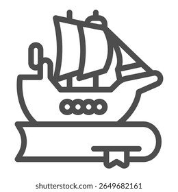 Wooden ship and book with bookmark line icon, book festival concept. Vector graphics. Book with vessel, marine story sign on white background, outline style icon for mobile or web design