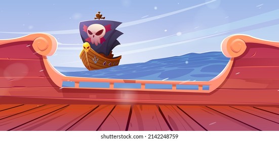 Wooden ship deck with view to pirate boat with black sails in sea. Vector cartoon illustration of ocean landscape and old marine vessels, corsair galleon with skull