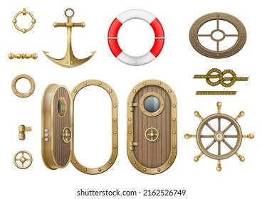 Wooden ship elements set door and porthole