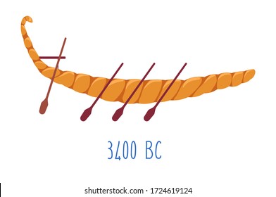 Wooden ship with oars, isolated boat of old times or fashion. Evolution of vessels, naval transportation. Sea or ocean adventure of floating equipment before christ. Museum exhibition, vector
