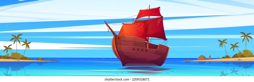 Wooden ship with red sails floating at seascape view with tropical island and palm trees under blue sky. Ancient frigate, galleon sailboat or caravel at calm sea landscape, Cartoon vector illustration svg