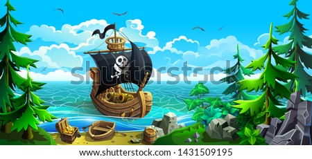 Wooden ship with sails. Pirates in search of treasure chests. Rocky coastline with firs and sandy beach. Vector illustration.
