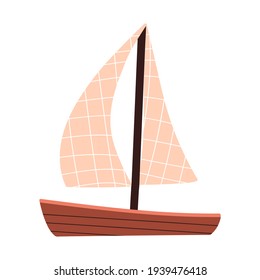 Barco de madera con velas. Pequeño barco de juguete. Transporte marítimo. Ilustración de material vectorial en estilo plano. 