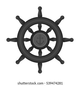 Wooden ship steering wheel icon in monochrome style isolated on white background. Pirates symbol stock vector illustration.