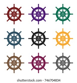 Wooden ship steering wheel icon in black style isolated on white background. Pirates symbol stock vector illustration.