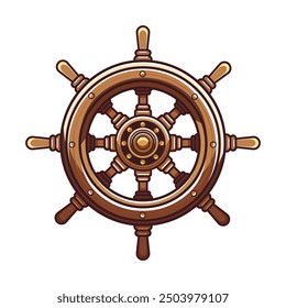 Wooden ship steering wheel on white background. Vector illustration