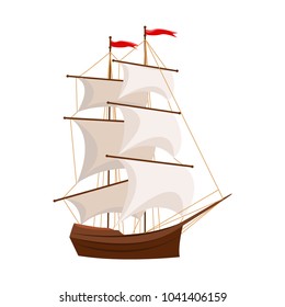A wooden ship with two masts, white sails and red flags. Vector object