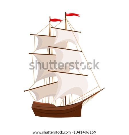 A wooden ship with two masts, white sails and red flags. Vector object