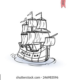 wooden ship under full sail. Vector illustration.