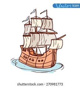  wooden ship under full sail. Vector illustration.