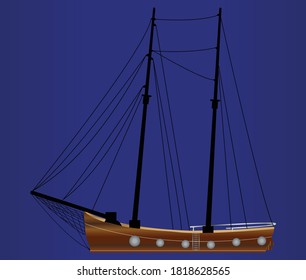wooden ship vector with blue background 