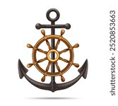 Wooden ship wheel and anchor. Nautical emblem isolated vector illustration