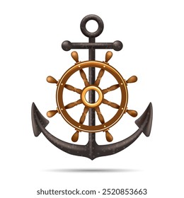 Wooden ship wheel and anchor. Nautical emblem isolated vector illustration