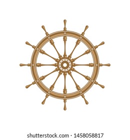 Wooden ship wheel. Boats helm isolated on white background. Rudder icon. Marine vintage vector illustration. EPS 10.