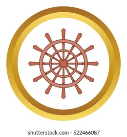 Wooden ship wheel vector icon in golden circle, cartoon style isolated on white background