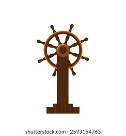 Wooden ship wheel with vintage maritime design featuring eight spokes and sturdy base. Classic helm for steering sailing vessels. Navigation, adventure and pirate design. Cartoon vector illustration.