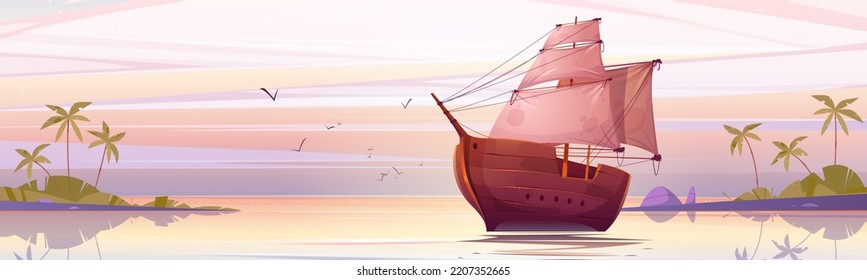 Wooden ship with white sails floating under pink sky at sunrise seascape view with tropical island and palm trees. Ancient frigate at morning sea, scenery nature landscape, Cartoon vector illustration