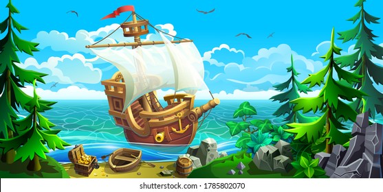 A wooden ship with white sails stands near the shore with treasures.