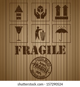 Wooden shipping box with fragile signs and stamp. Vector
