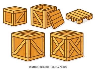 Caja de envío de madera diseñada para transportar y almacenar mercancías de forma segura Ilustración vectorial de dibujos animados plana 2D doodle kawaii