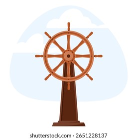 Wooden ships helm against background of blue sky and white clouds. Boat driving. Sea summer vacation. Water transport steering wheel. Yacht navigation. Ocean cruise. Vector concept