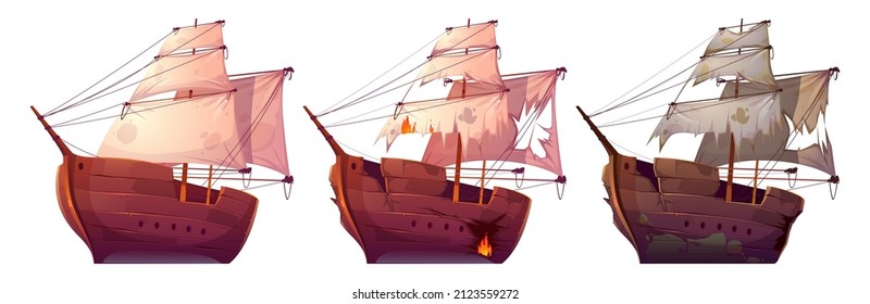 Wooden ships, isolated wood boats with white sails. Old and new battleships, barges after shipwreck and sea battle with ragged sails and broken planks on white background, Cartoon vector illustration