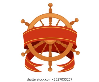 Wooden ship's wheel adorned with a bold red ribbon wrapped around it. Ideal for maritime logos, sea-related branding, or travel promotions. Nautical-themed vector illustration.