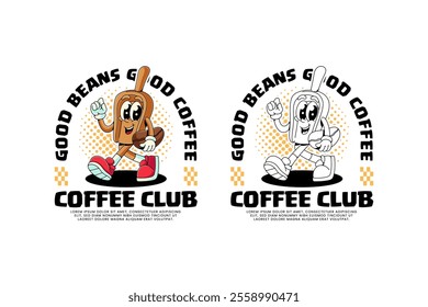 wooden shovel of coffee bean retro cartoon character mascot illustration with walking, holding coffee bean and ok hand for beverage, restaurant, cafe mascot and merchandise