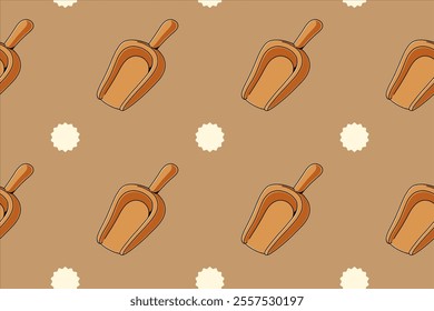 wooden shovel coffee with dot element colorful seamless pattern on brown background for print on packaging, stationery, merchandise.  classic timber shovel coffee seamless pattern background. 