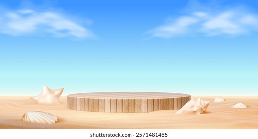 Wooden showcase podium on beach sand with shells and sky background, vector product display. Podium of wooden planks in sea or ocean beach style with seashells on wavy sand for showcase platform stage