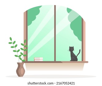 Wooden shutters, flower and cat sitting on windowsill. Window overlooking nature vector illustration. Cozy room with pet and houseplant. House interior design elements. Window with view to trees