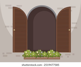 Wooden shutters open with flowers below
