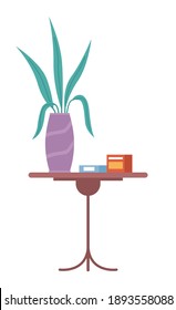 Wooden side table in flat style. Furniture for room interior design. Houseplant and medicines on the coffee table vector illustration. Interior element made of wood isolated on white background