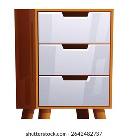 Mesa lateral de madeira com três gavetas brancas, uma peça moderna e compacta de mobiliário para o interior da casa. Ilustração de desenho animado vetorial