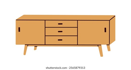 Wooden sideboard, chest of drawers. Modern retro style furniture in Scandinavian mid-century design. Storage unit, wood console for home interior. Flat vector illustration isolated on white background