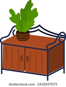 Wooden sideboard furniture with indoor plant on top. Modern cabinet with houseplant decoration interior vector illustration.