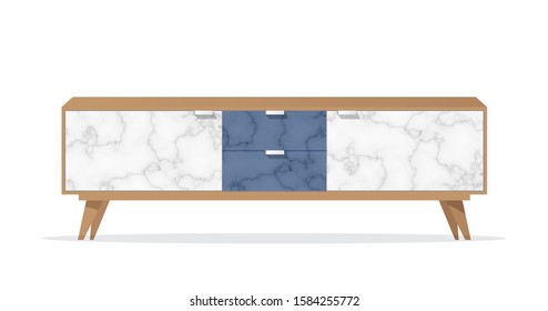 Wooden sideboard with marble pattern on white background. Vector illustration
