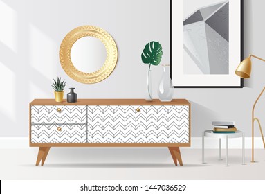 Wooden sideboard with plants and glass vase on it against white wall. Modern interior with tropical elements. Vector illustration