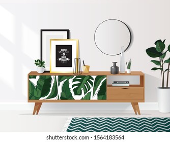 Wooden sideboard with plants and posters on it against white wall. Modern interior with tropical elements. Vector illustration
