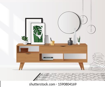 Wooden sideboard with plants and posters on it against white wall. Modern interior with tropical elements. Vector illustration