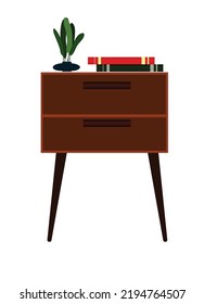 Wooden Sideboard Table With Books And A Vase
